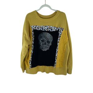 Women's Yellow Skull Lace Patchwork Oversized Goth Handmade Sweatshirt Crew Neck